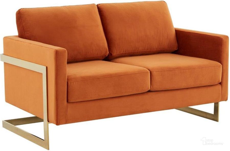 The appearance of LeisureMod Lincoln Orange Modern Mid-Century Upholstered Velvet Loveseat with Gold Frame designed by LeisureMod in the modern / contemporary interior design. This orange piece of furniture  was selected by 1StopBedrooms from Lincoln Collection to add a touch of cosiness and style into your home. Sku: LA55OR. Product Type: Loveseat. Material: Velvet. Image1