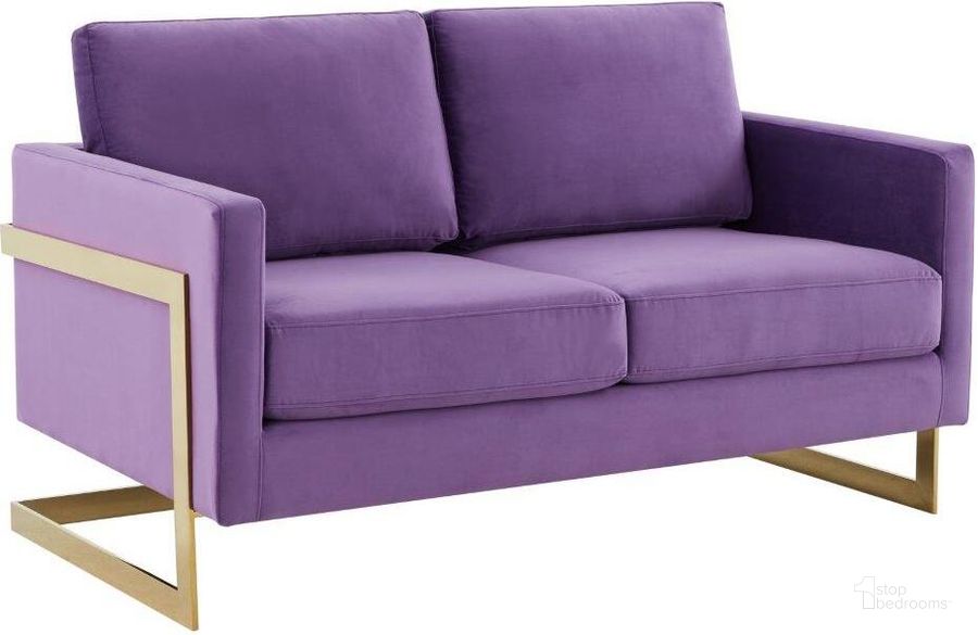 The appearance of LeisureMod Lincoln Purple Modern Mid-Century Upholstered Velvet Loveseat with Gold Frame designed by LeisureMod in the modern / contemporary interior design. This purple piece of furniture  was selected by 1StopBedrooms from Lincoln Collection to add a touch of cosiness and style into your home. Sku: LA55PU. Product Type: Loveseat. Material: Velvet. Image1