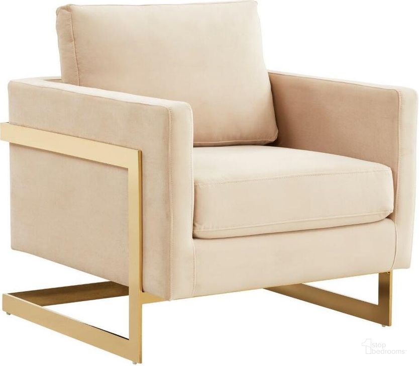 The appearance of Leisuremod Lincoln Velvet Accent Arm Chair With Gold Frame LA31BG designed by LeisureMod in the modern / contemporary interior design. This beige piece of furniture  was selected by 1StopBedrooms from Lincoln Collection to add a touch of cosiness and style into your home. Sku: LA31BG. Product Type: Accent Chair. Material: Velvet. Image1
