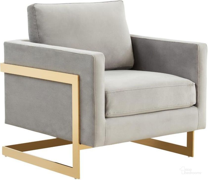 The appearance of Leisuremod Lincoln Velvet Accent Arm Chair With Gold Frame LA31LGR designed by LeisureMod in the modern / contemporary interior design. This light grey piece of furniture  was selected by 1StopBedrooms from Lincoln Collection to add a touch of cosiness and style into your home. Sku: LA31LGR. Product Type: Accent Chair. Material: Velvet. Image1