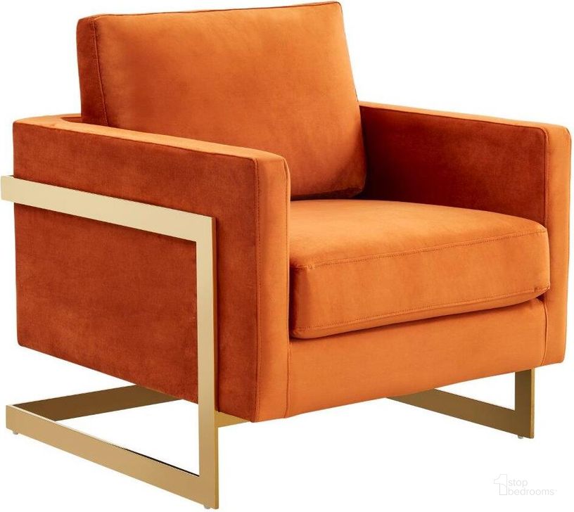 The appearance of Leisuremod Lincoln Velvet Accent Arm Chair With Gold Frame LA31OR designed by LeisureMod in the modern / contemporary interior design. This orange piece of furniture  was selected by 1StopBedrooms from Lincoln Collection to add a touch of cosiness and style into your home. Sku: LA31OR. Product Type: Accent Chair. Material: Velvet. Image1