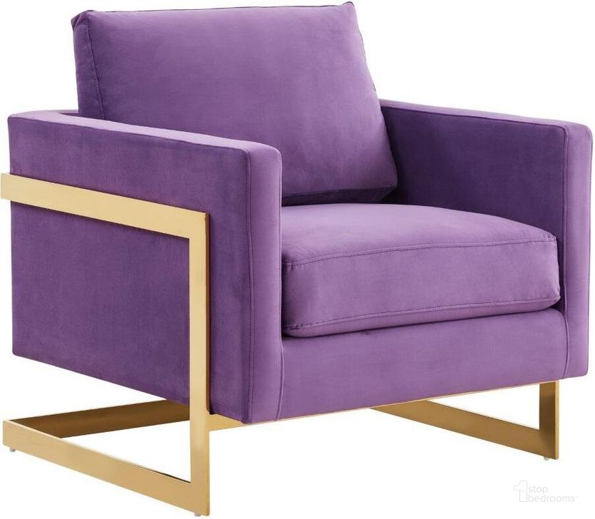 The appearance of Leisuremod Lincoln Velvet Accent Arm Chair With Gold Frame LA31PR designed by LeisureMod in the modern / contemporary interior design. This purple piece of furniture  was selected by 1StopBedrooms from Lincoln Collection to add a touch of cosiness and style into your home. Sku: LA31PR. Product Type: Accent Chair. Material: Velvet. Image1