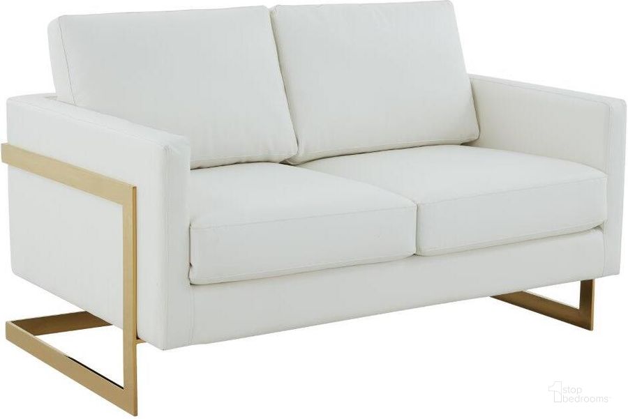The appearance of LeisureMod Lincoln White Modern Mid-Century Upholstered Leather Loveseat with Gold Frame designed by LeisureMod in the modern / contemporary interior design. This white piece of furniture  was selected by 1StopBedrooms from Lincoln Collection to add a touch of cosiness and style into your home. Sku: LA55W-L. Product Type: Loveseat. Material: PU. Image1