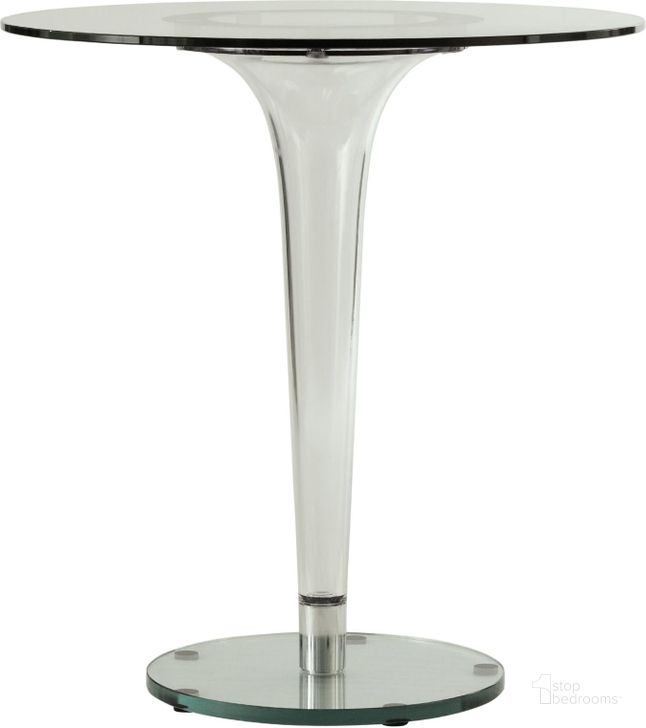 The appearance of LeisureMod Lonia Glass Top Dining Table designed by LeisureMod in the modern / contemporary interior design. This clear piece of furniture  was selected by 1StopBedrooms from Lonia Collection to add a touch of cosiness and style into your home. Sku: LT27CL. Table Base Style: Pedestal. Table Top Shape: Round. Product Type: Dining Table. Material: Acrylic. Size: 28". Image1