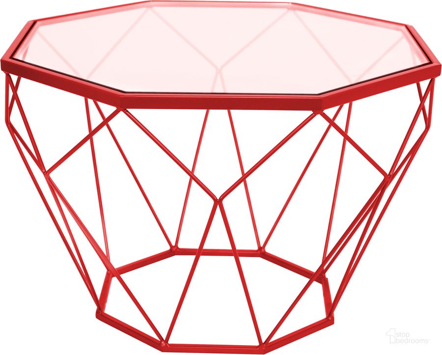 The appearance of Leisuremod Malibu Modern Octagon Glass Top Coffee Table With Geometric Base MD23R designed by LeisureMod in the modern / contemporary interior design. This red piece of furniture  was selected by 1StopBedrooms from Malibu Collection to add a touch of cosiness and style into your home. Sku: MD23R. Material: Metal. Product Type: Coffee Table. Image1