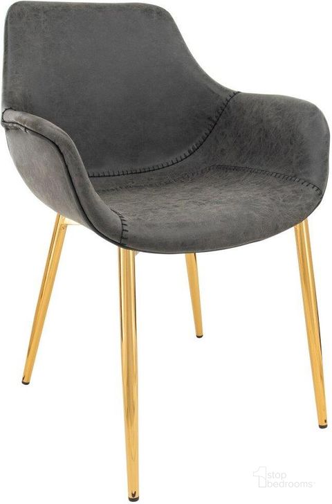 The appearance of Leisuremod Markley Modern Leather Dining Arm Chair Kitchen Chairs With Gold Metal Legs In Charcoal And Black designed by LeisureMod in the modern / contemporary interior design. This charcoal and black piece of furniture  was selected by 1StopBedrooms from Markley Collection to add a touch of cosiness and style into your home. Sku: ECG26BL. Material: Faux Leather. Product Type: Dining Chair. Image1