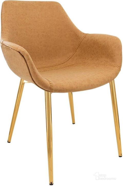 The appearance of Leisuremod Markley Modern Leather Dining Arm Chair Kitchen Chairs With Gold Metal Legs In Light Brown designed by LeisureMod in the modern / contemporary interior design. This light brown piece of furniture  was selected by 1StopBedrooms from Markley Collection to add a touch of cosiness and style into your home. Sku: ECG26BR. Material: Faux Leather. Product Type: Dining Chair. Image1