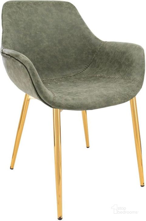 The appearance of Leisuremod Markley Modern Leather Dining Arm Chair Kitchen Chairs With Gold Metal Legs In Olive Green designed by LeisureMod in the modern / contemporary interior design. This olive green piece of furniture  was selected by 1StopBedrooms from Markley Collection to add a touch of cosiness and style into your home. Sku: ECG26G. Material: Faux Leather. Product Type: Dining Chair. Image1