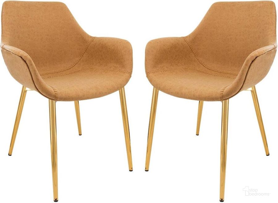 The appearance of LeisureMod Markley Modern Leather Light Brown Dining Arm Chair With Gold Metal Legs Set of 2 designed by LeisureMod in the modern / contemporary interior design. This light brown piece of furniture  was selected by 1StopBedrooms from Markley Collection to add a touch of cosiness and style into your home. Sku: ECG26BR2. Material: Metal. Product Type: Arm Chair. Image1