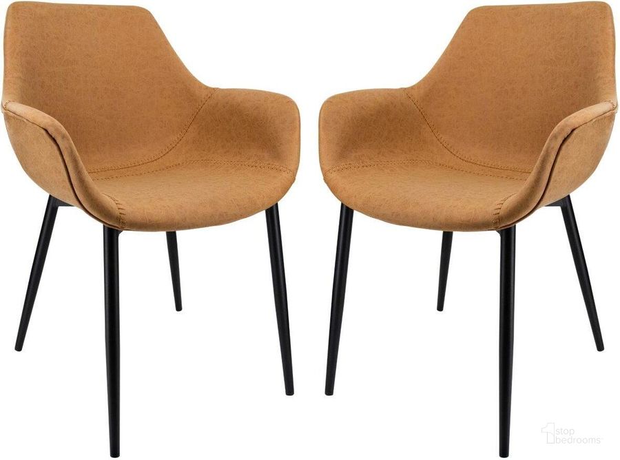 The appearance of LeisureMod Markley Modern Leather Light Brown Dining Arm Chair With Metal Legs Set of 2 designed by LeisureMod in the modern / contemporary interior design. This light brown piece of furniture  was selected by 1StopBedrooms from Markley Collection to add a touch of cosiness and style into your home. Sku: EC26BR2. Material: Metal. Product Type: Arm Chair. Image1