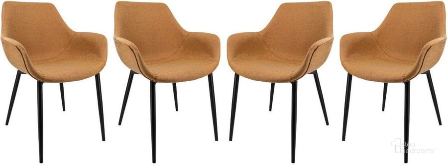 The appearance of LeisureMod Markley Modern Leather Light Brown Dining Arm Chair With Metal Legs Set of 4 designed by LeisureMod in the modern / contemporary interior design. This light brown piece of furniture  was selected by 1StopBedrooms from Markley Collection to add a touch of cosiness and style into your home. Sku: EC26BR4. Material: Metal. Product Type: Arm Chair. Image1