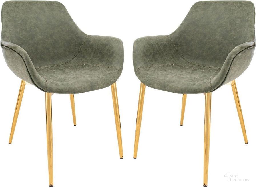 The appearance of LeisureMod Markley Modern Leather Olive Green Dining Arm Chair With Gold Metal Legs Set of 2 designed by LeisureMod in the modern / contemporary interior design. This olive green piece of furniture  was selected by 1StopBedrooms from Markley Collection to add a touch of cosiness and style into your home. Sku: ECG26G2. Material: Metal. Product Type: Arm Chair. Image1