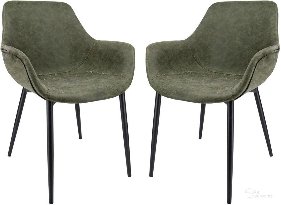 The appearance of LeisureMod Markley Modern Leather Olive Green Dining Arm Chair With Metal Legs Set of 2 designed by LeisureMod in the modern / contemporary interior design. This olive green piece of furniture  was selected by 1StopBedrooms from Markley Collection to add a touch of cosiness and style into your home. Sku: EC26G2. Material: Metal. Product Type: Arm Chair. Image1