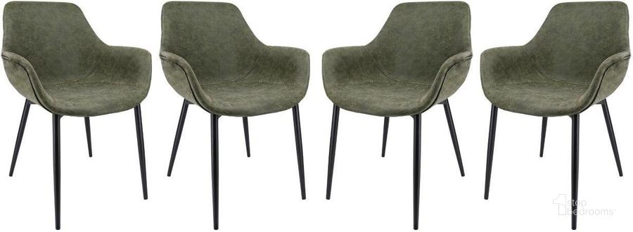The appearance of LeisureMod Markley Modern Leather Olive Green Dining Arm Chair With Metal Legs Set of 4 designed by LeisureMod in the modern / contemporary interior design. This olive green piece of furniture  was selected by 1StopBedrooms from Markley Collection to add a touch of cosiness and style into your home. Sku: EC26G4. Material: Metal. Product Type: Arm Chair. Image1