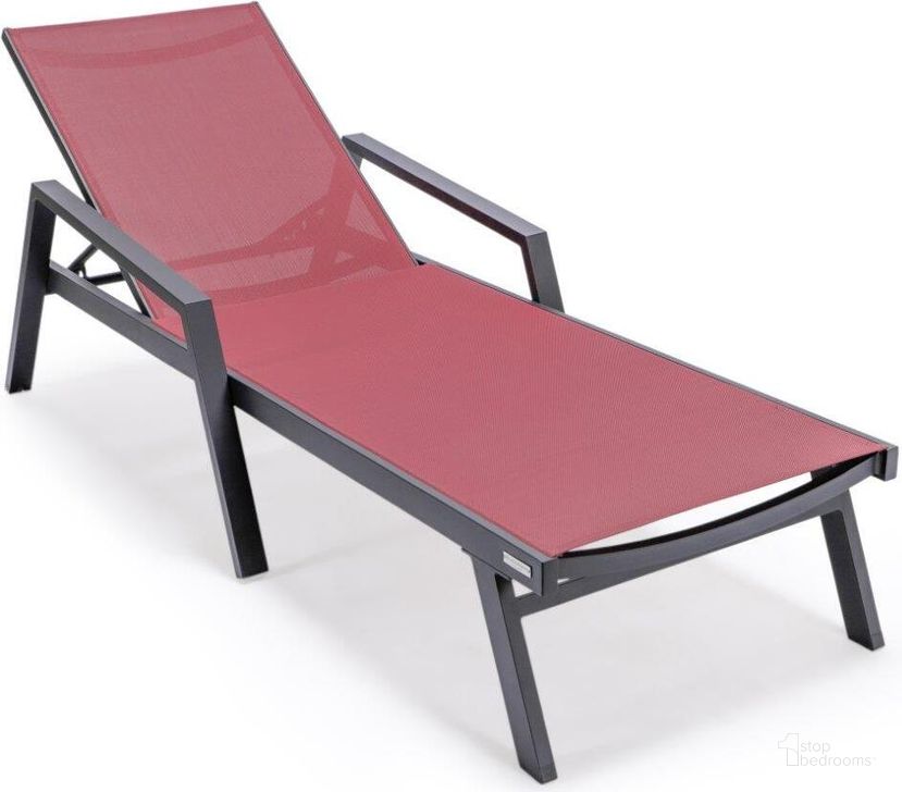 The appearance of Leisuremod Marlin Patio Chaise Lounge Chair With Armrests In Black Aluminum Frame In Burgundy designed by LeisureMod in the modern / contemporary interior design. This burgundy piece of furniture  was selected by 1StopBedrooms from Marlin Collection to add a touch of cosiness and style into your home. Sku: MLABL-77BRG. Material: Aluminum. Product Type: Outdoor Chaise Lounge. Image1