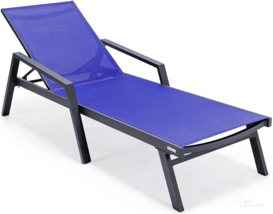 The appearance of Leisuremod Marlin Patio Chaise Lounge Chair With Armrests In Black Aluminum Frame In Navy Blue designed by LeisureMod in the modern / contemporary interior design. This navy blue piece of furniture  was selected by 1StopBedrooms from Marlin Collection to add a touch of cosiness and style into your home. Sku: MLABL-77NBU. Material: Aluminum. Product Type: Outdoor Chaise Lounge. Image1