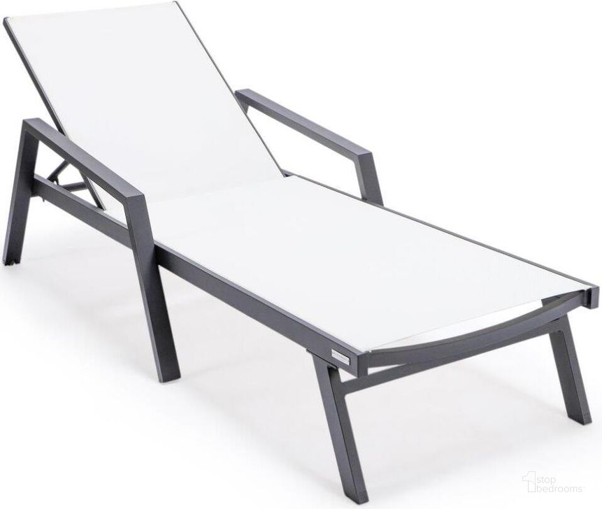 The appearance of Leisuremod Marlin Patio Chaise Lounge Chair With Armrests In Black Aluminum Frame In White designed by LeisureMod in the modern / contemporary interior design. This white piece of furniture  was selected by 1StopBedrooms from Marlin Collection to add a touch of cosiness and style into your home. Sku: MLABL-77W. Material: Aluminum. Product Type: Outdoor Chaise Lounge. Image1
