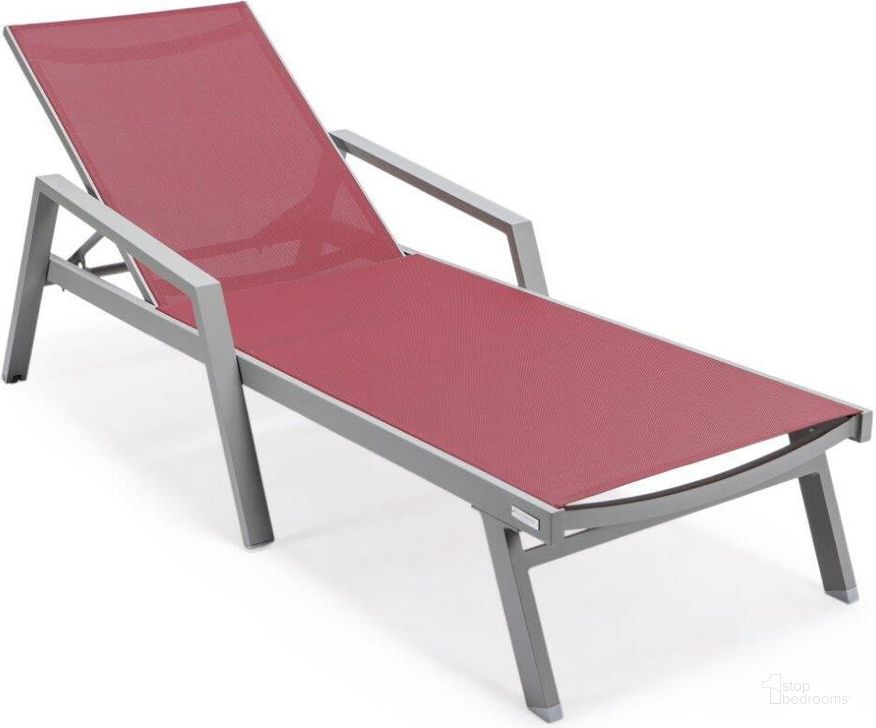 The appearance of Leisuremod Marlin Patio Chaise Lounge Chair With Armrests In Grey Aluminum Frame In Burgundy designed by LeisureMod in the modern / contemporary interior design. This burgundy piece of furniture  was selected by 1StopBedrooms from Marlin Collection to add a touch of cosiness and style into your home. Sku: MLAGR-77BRG. Material: Aluminum. Product Type: Outdoor Chaise Lounge. Image1