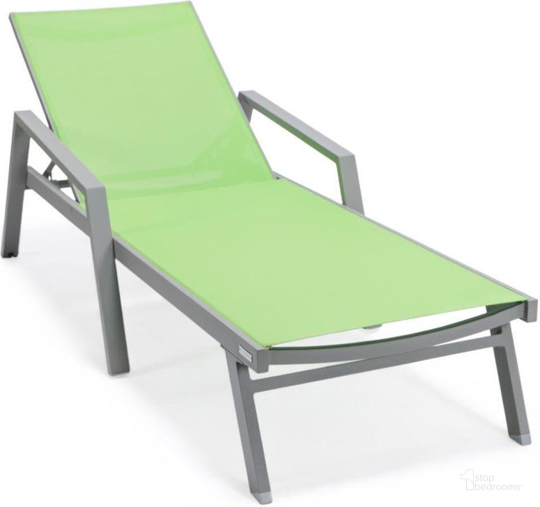 The appearance of Leisuremod Marlin Patio Chaise Lounge Chair With Armrests In Grey Aluminum Frame In Green designed by LeisureMod in the modern / contemporary interior design. This green piece of furniture  was selected by 1StopBedrooms from Marlin Collection to add a touch of cosiness and style into your home. Sku: MLAGR-77G. Material: Aluminum. Product Type: Outdoor Chaise Lounge. Image1