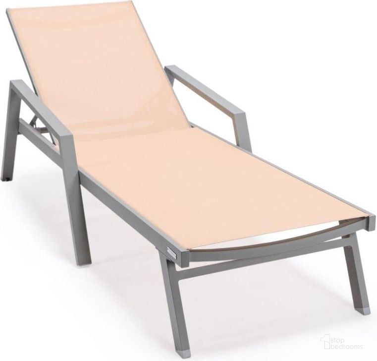 The appearance of Leisuremod Marlin Patio Chaise Lounge Chair With Armrests In Grey Aluminum Frame In Light Brown designed by LeisureMod in the modern / contemporary interior design. This light brown piece of furniture  was selected by 1StopBedrooms from Marlin Collection to add a touch of cosiness and style into your home. Sku: MLAGR-77LBR. Material: Aluminum. Product Type: Outdoor Chaise Lounge. Image1