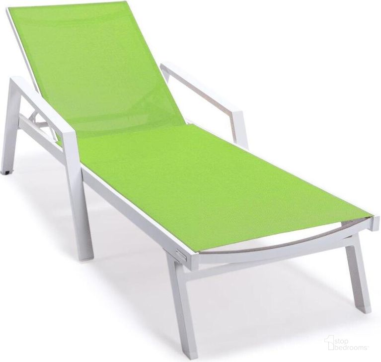The appearance of Leisuremod Marlin Patio Chaise Lounge Chair With Armrests In White Aluminum Frame In Green designed by LeisureMod in the modern / contemporary interior design. This green piece of furniture  was selected by 1StopBedrooms from Marlin Collection to add a touch of cosiness and style into your home. Sku: MLAW-77G. Material: Aluminum. Product Type: Outdoor Chaise Lounge. Image1
