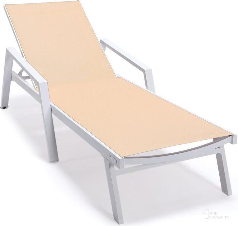 The appearance of Leisuremod Marlin Patio Chaise Lounge Chair With Armrests In White Aluminum Frame In Light Brown designed by LeisureMod in the modern / contemporary interior design. This light brown piece of furniture  was selected by 1StopBedrooms from Marlin Collection to add a touch of cosiness and style into your home. Sku: MLAW-77LBR. Material: Aluminum. Product Type: Outdoor Chaise Lounge. Image1