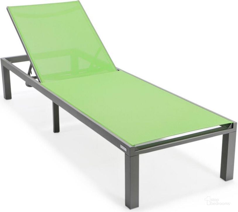 The appearance of Leisuremod Marlin Patio Chaise Lounge Chair With Grey Aluminum Frame In Green designed by LeisureMod in the modern / contemporary interior design. This green piece of furniture  was selected by 1StopBedrooms from Marlin Collection to add a touch of cosiness and style into your home. Sku: MLGR-77G. Material: Aluminum. Product Type: Outdoor Chaise Lounge. Image1