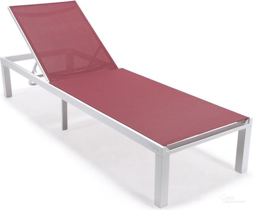 The appearance of Leisuremod Marlin Patio Chaise Lounge Chair With White Aluminum Frame In Burgundy designed by LeisureMod in the modern / contemporary interior design. This burgundy piece of furniture  was selected by 1StopBedrooms from Marlin Collection to add a touch of cosiness and style into your home. Sku: MLW-77BRG. Material: Aluminum. Product Type: Outdoor Chaise Lounge. Image1