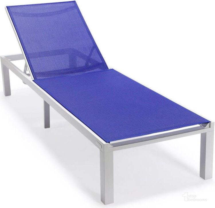 The appearance of Leisuremod Marlin Patio Chaise Lounge Chair With White Aluminum Frame In Navy Blue designed by LeisureMod in the modern / contemporary interior design. This navy blue piece of furniture  was selected by 1StopBedrooms from Marlin Collection to add a touch of cosiness and style into your home. Sku: MLW-77NBU. Material: Aluminum. Product Type: Outdoor Chaise Lounge. Image1