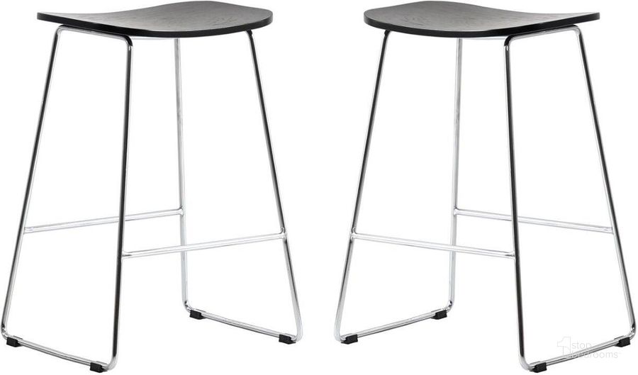The appearance of Leisuremod Melrose Modern Wood Counter Stool With Chrome Frame Set Of 2 MS26BL2 designed by LeisureMod in the modern / contemporary interior design. This black piece of furniture  was selected by 1StopBedrooms from Melrose Collection to add a touch of cosiness and style into your home. Sku: MS26BL2. Material: MDF. Product Type: Barstool. Image1