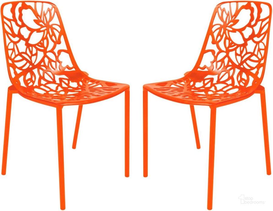 The appearance of LeisureMod Modern Devon Aluminum Chair Set of 2 DC23OR2 designed by LeisureMod in the modern / contemporary interior design. This orange piece of furniture  was selected by 1StopBedrooms from Modern Collection to add a touch of cosiness and style into your home. Sku: DC23OR2. Material: Aluminum. Product Type: Accent Chair. Image1