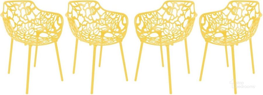 The appearance of LeisureMod Modern Devon Aluminum Chair Set of 4 designed by LeisureMod in the modern / contemporary interior design. This yellow piece of furniture  was selected by 1StopBedrooms from Modern Collection to add a touch of cosiness and style into your home. Sku: DCA23Y4. Material: Aluminum. Product Type: Accent Chair. Image1