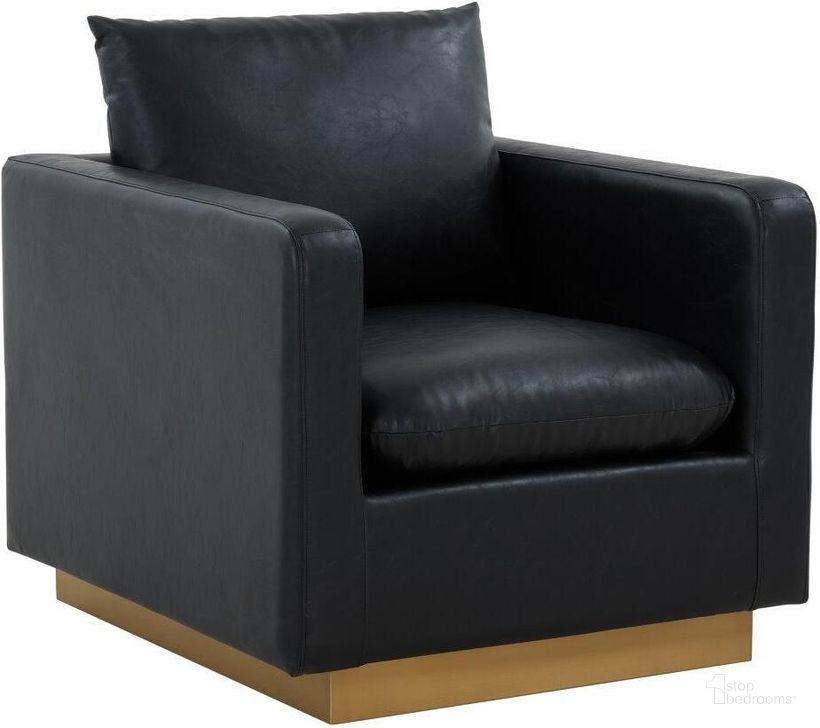 The appearance of Leisuremod Nervo Leather Accent Arm Chair With Gold Frame In Black designed by LeisureMod in the modern / contemporary interior design. This black piece of furniture  was selected by 1StopBedrooms from Nervo Collection to add a touch of cosiness and style into your home. Sku: NS32BL-L. Product Type: Accent Chair. Material: Stainless Steel. Image1