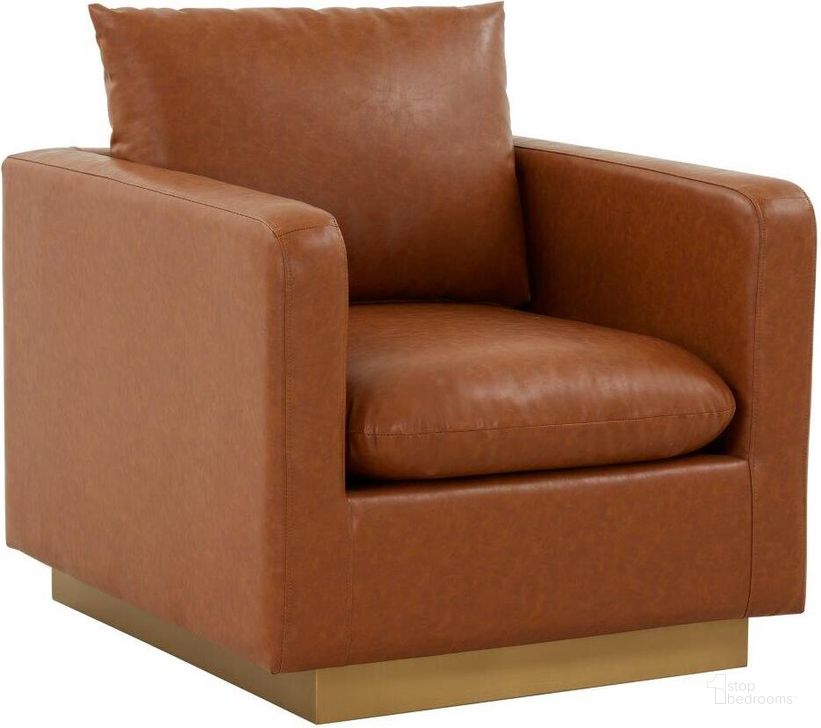 The appearance of Leisuremod Nervo Leather Accent Arm Chair With Gold Frame In Tan designed by LeisureMod in the modern / contemporary interior design. This tan piece of furniture  was selected by 1StopBedrooms from Nervo Collection to add a touch of cosiness and style into your home. Sku: NS32BR-L. Product Type: Accent Chair. Material: Stainless Steel. Image1