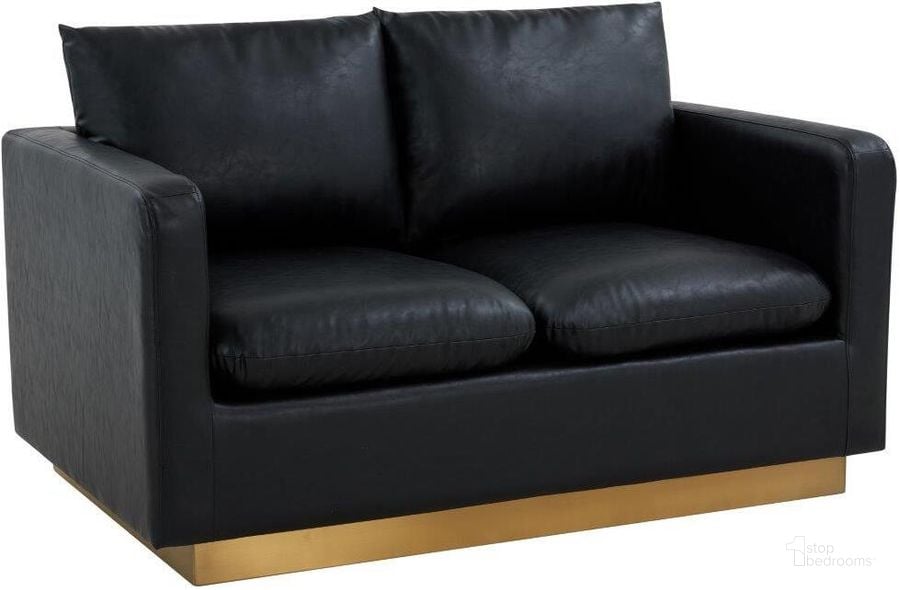 The appearance of Leisuremod Nervo Modern Mid-Century Upholstered Leather Loveseat With Gold Frame In Black designed by LeisureMod in the modern / contemporary interior design. This black piece of furniture  was selected by 1StopBedrooms from Nervo Collection to add a touch of cosiness and style into your home. Sku: NS55BL-L. Product Type: Loveseat. Material: Stainless Steel. Image1