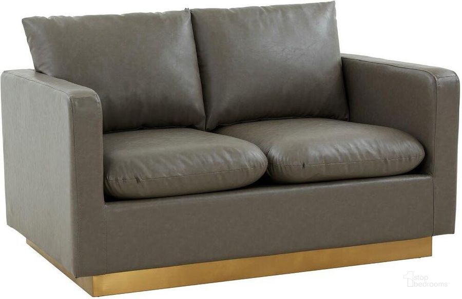 The appearance of Leisuremod Nervo Modern Mid-Century Upholstered Leather Loveseat With Gold Frame In Grey designed by LeisureMod in the modern / contemporary interior design. This grey piece of furniture  was selected by 1StopBedrooms from Nervo Collection to add a touch of cosiness and style into your home. Sku: NS55GR-L. Product Type: Loveseat. Material: Stainless Steel. Image1