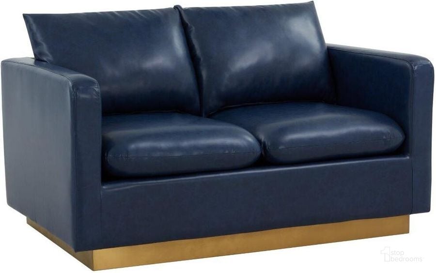 The appearance of Leisuremod Nervo Modern Mid-Century Upholstered Leather Loveseat With Gold Frame In Navy Blue designed by LeisureMod in the modern / contemporary interior design. This navy blue piece of furniture  was selected by 1StopBedrooms from Nervo Collection to add a touch of cosiness and style into your home. Sku: NS55BU-L. Product Type: Loveseat. Material: Stainless Steel. Image1