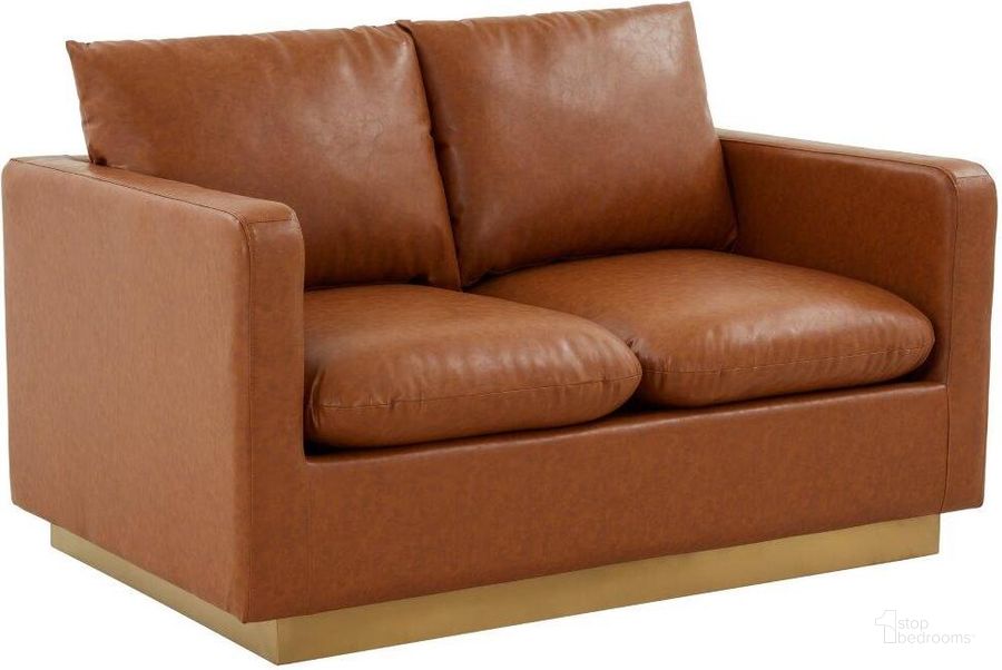 The appearance of Leisuremod Nervo Modern Mid-Century Upholstered Leather Loveseat With Gold Frame In Tan designed by LeisureMod in the modern / contemporary interior design. This tan piece of furniture  was selected by 1StopBedrooms from Nervo Collection to add a touch of cosiness and style into your home. Sku: NS55BR-L. Product Type: Loveseat. Material: Stainless Steel. Image1