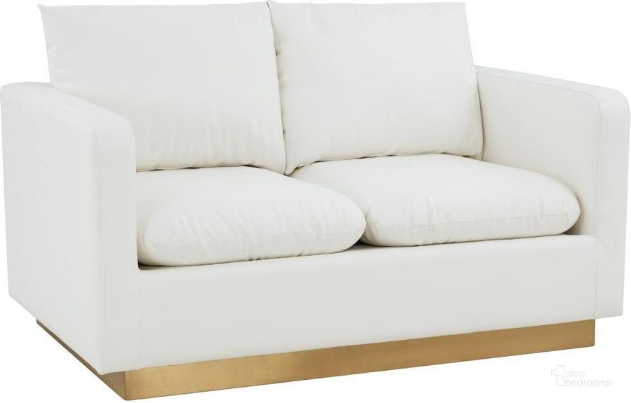 The appearance of Leisuremod Nervo Modern Mid-Century Upholstered Leather Loveseat With Gold Frame In White designed by LeisureMod in the modern / contemporary interior design. This white piece of furniture  was selected by 1StopBedrooms from Nervo Collection to add a touch of cosiness and style into your home. Sku: NS55W-L. Product Type: Loveseat. Material: Stainless Steel. Image1