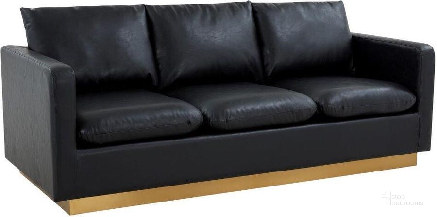 The appearance of Leisuremod Nervo Modern Mid-Century Upholstered Leather Sofa With Gold Frame In Black designed by LeisureMod in the modern / contemporary interior design. This black piece of furniture  was selected by 1StopBedrooms from Nervo Collection to add a touch of cosiness and style into your home. Sku: NS83BL-L. Product Type: Sofa. Material: Stainless Steel. Image1
