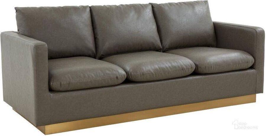 The appearance of Leisuremod Nervo Modern Mid-Century Upholstered Leather Sofa With Gold Frame In Grey designed by LeisureMod in the modern / contemporary interior design. This grey piece of furniture  was selected by 1StopBedrooms from Nervo Collection to add a touch of cosiness and style into your home. Sku: NS83GR-L. Product Type: Sofa. Material: Stainless Steel. Image1