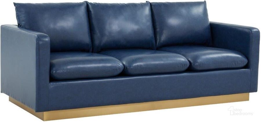 The appearance of Leisuremod Nervo Modern Mid-Century Upholstered Leather Sofa With Gold Frame In Navy Blue designed by LeisureMod in the modern / contemporary interior design. This navy blue piece of furniture  was selected by 1StopBedrooms from Nervo Collection to add a touch of cosiness and style into your home. Sku: NS83BU-L. Product Type: Sofa. Material: Stainless Steel. Image1