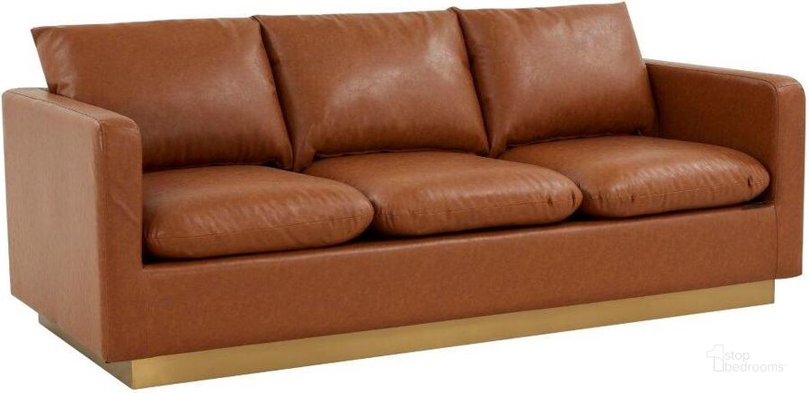 The appearance of Leisuremod Nervo Modern Mid-Century Upholstered Leather Sofa With Gold Frame In Tan designed by LeisureMod in the modern / contemporary interior design. This tan piece of furniture  was selected by 1StopBedrooms from Nervo Collection to add a touch of cosiness and style into your home. Sku: NS83BR-L. Product Type: Sofa. Material: Stainless Steel. Image1