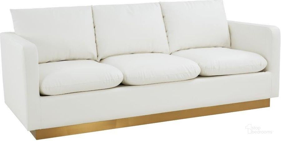 The appearance of Leisuremod Nervo Modern Mid-Century Upholstered Leather Sofa With Gold Frame In White designed by LeisureMod in the modern / contemporary interior design. This white piece of furniture  was selected by 1StopBedrooms from Nervo Collection to add a touch of cosiness and style into your home. Sku: NS83W-L. Product Type: Sofa. Material: Stainless Steel. Image1