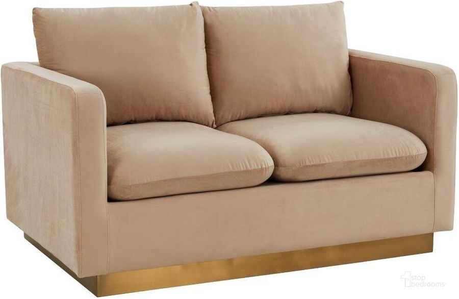 The appearance of Leisuremod Nervo Modern Mid-Century Upholstered Velvet Loveseat With Gold Frame In Beige designed by LeisureMod in the modern / contemporary interior design. This beige piece of furniture  was selected by 1StopBedrooms from Nervo Collection to add a touch of cosiness and style into your home. Sku: NS55BG. Product Type: Loveseat. Material: Velvet. Image1