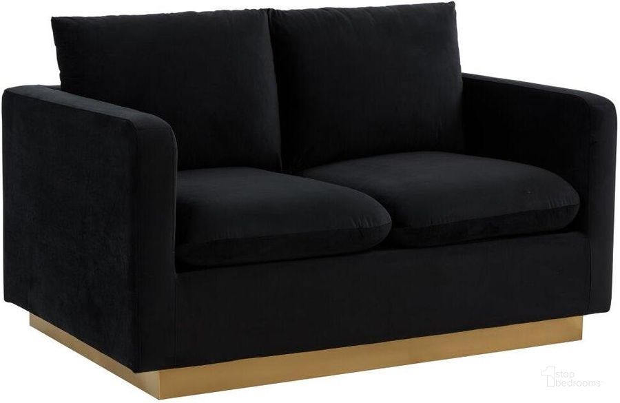 The appearance of Leisuremod Nervo Modern Mid-Century Upholstered Velvet Loveseat With Gold Frame In Midnight Black designed by LeisureMod in the modern / contemporary interior design. This midnight black piece of furniture  was selected by 1StopBedrooms from Nervo Collection to add a touch of cosiness and style into your home. Sku: NS55BL. Product Type: Loveseat. Material: Velvet. Image1