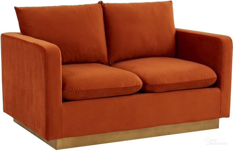 The appearance of Leisuremod Nervo Modern Mid-Century Upholstered Velvet Loveseat With Gold Frame In Orange designed by LeisureMod in the modern / contemporary interior design. This orange piece of furniture  was selected by 1StopBedrooms from Nervo Collection to add a touch of cosiness and style into your home. Sku: NS55OR. Product Type: Loveseat. Material: Velvet. Image1