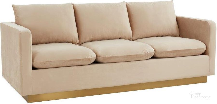 The appearance of Leisuremod Nervo Modern Mid-Century Upholstered Velvet Sofa With Gold Frame In Beige designed by LeisureMod in the modern / contemporary interior design. This beige piece of furniture  was selected by 1StopBedrooms from Nervo Collection to add a touch of cosiness and style into your home. Sku: NS83BG. Product Type: Sofa. Material: Velvet. Image1
