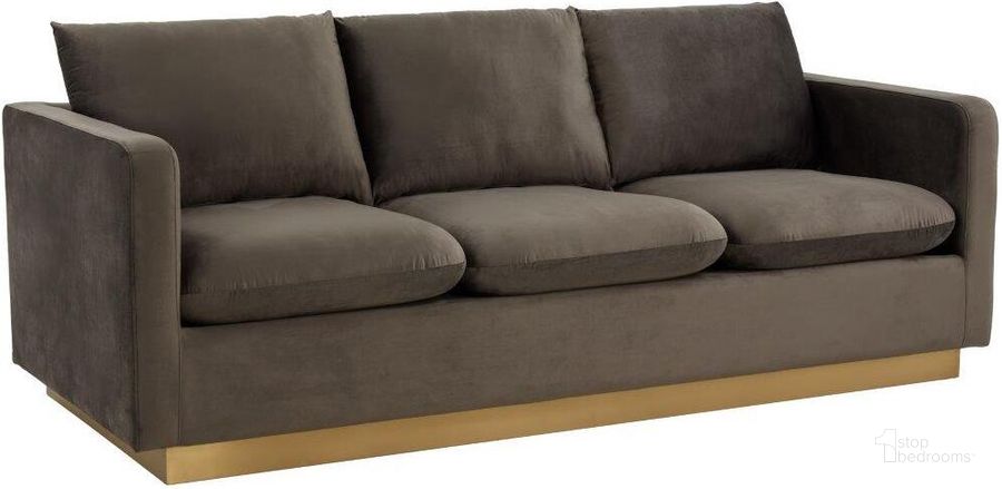 The appearance of Leisuremod Nervo Modern Mid-Century Upholstered Velvet Sofa With Gold Frame In Dark Grey designed by LeisureMod in the modern / contemporary interior design. This dark grey piece of furniture  was selected by 1StopBedrooms from Nervo Collection to add a touch of cosiness and style into your home. Sku: NS83DGR. Product Type: Sofa. Material: Velvet. Image1