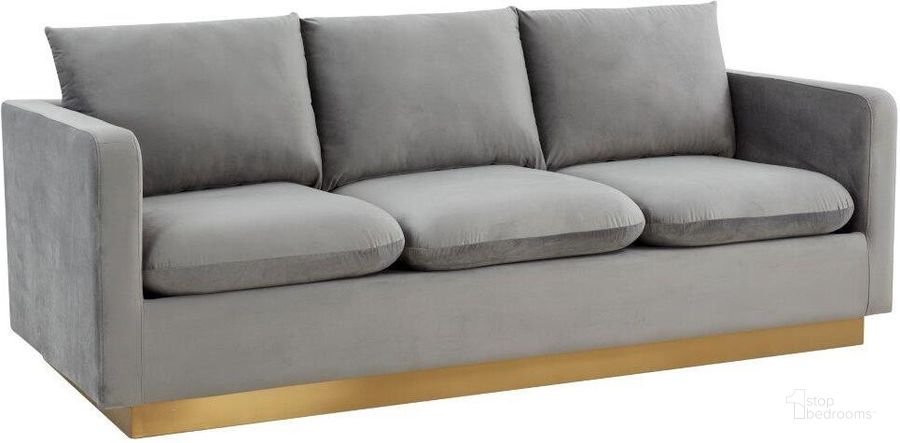 The appearance of Leisuremod Nervo Modern Mid-Century Upholstered Velvet Sofa With Gold Frame In Light Grey designed by LeisureMod in the modern / contemporary interior design. This light grey piece of furniture  was selected by 1StopBedrooms from Nervo Collection to add a touch of cosiness and style into your home. Sku: NS83LGR. Product Type: Sofa. Material: Velvet. Image1